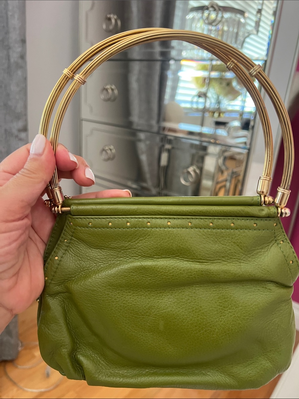 Olive Green Mini Leather Bag with Gold Accents - Picture 2 of 10
